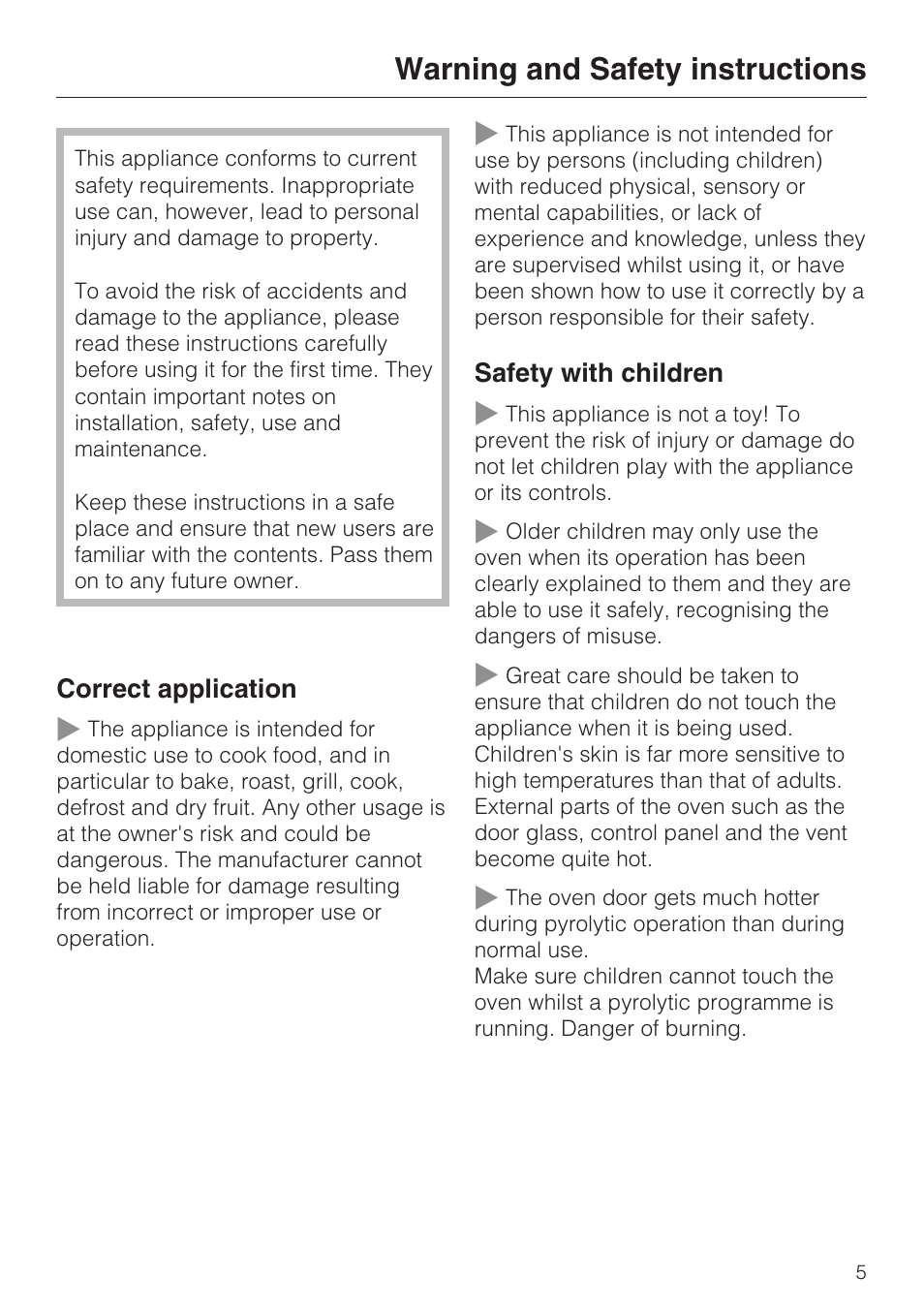 Warning and safety instructions 5, Warning and safety instructions | Miele H 5460-BP User Manual | Page 5 / 64