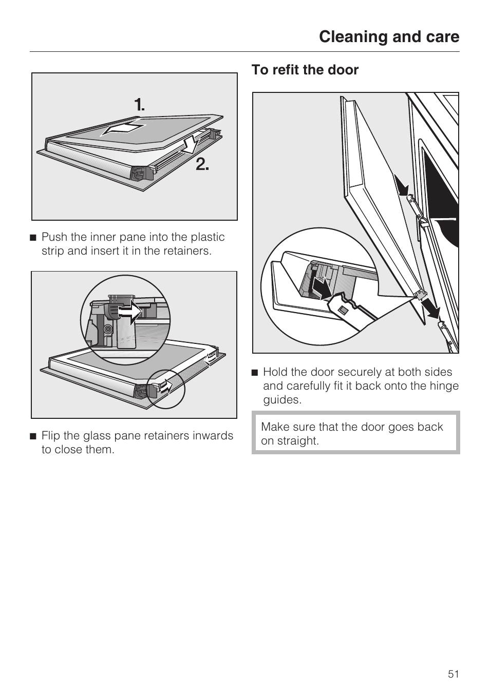 To refit the door 51, Cleaning and care | Miele H 5460-BP User Manual | Page 51 / 64