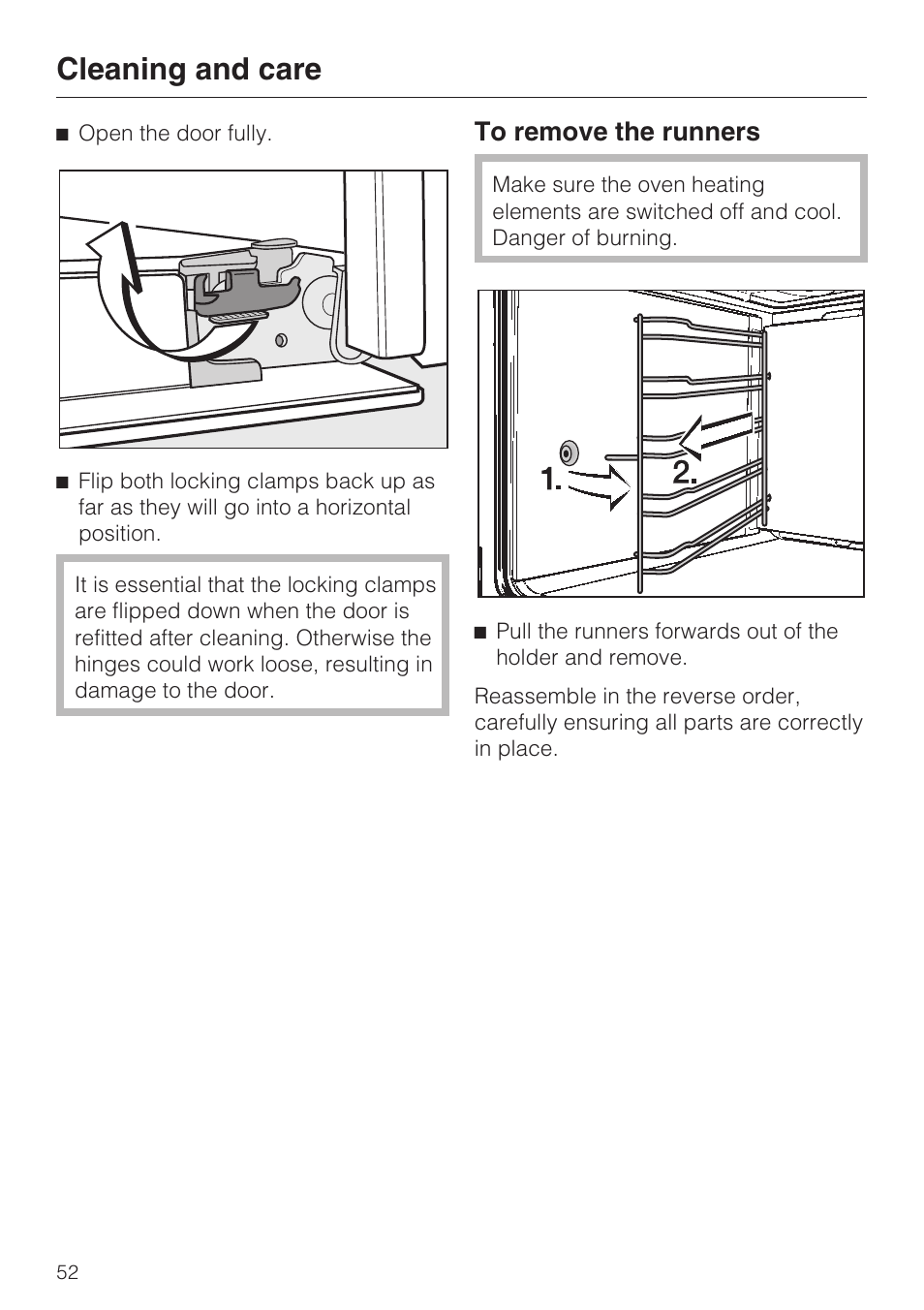 To remove the runners 52, Cleaning and care | Miele H 5460-BP User Manual | Page 52 / 64