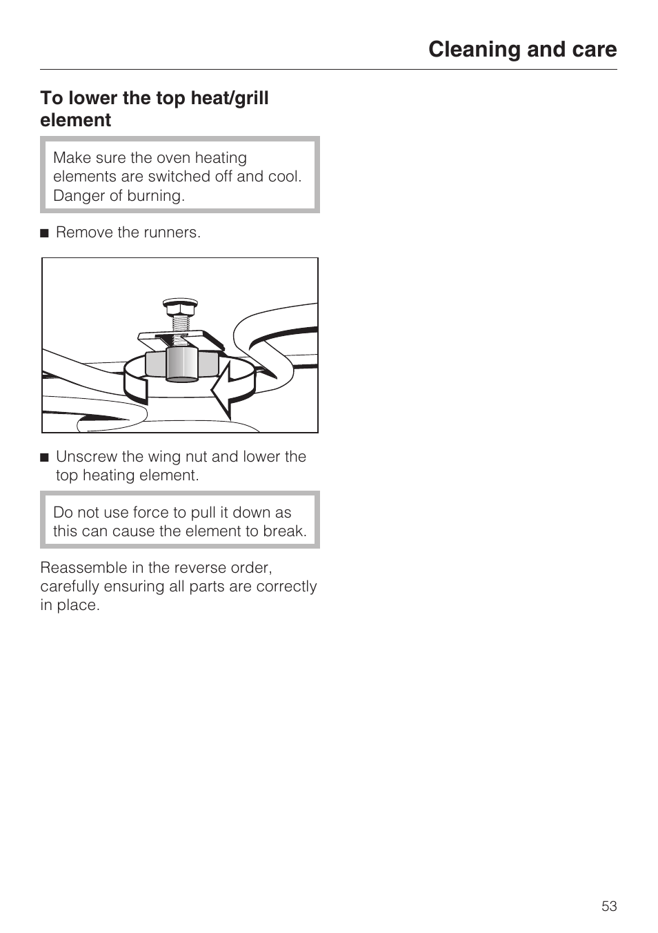 To lower the top heat/grill element 53, Cleaning and care | Miele H 5460-BP User Manual | Page 53 / 64