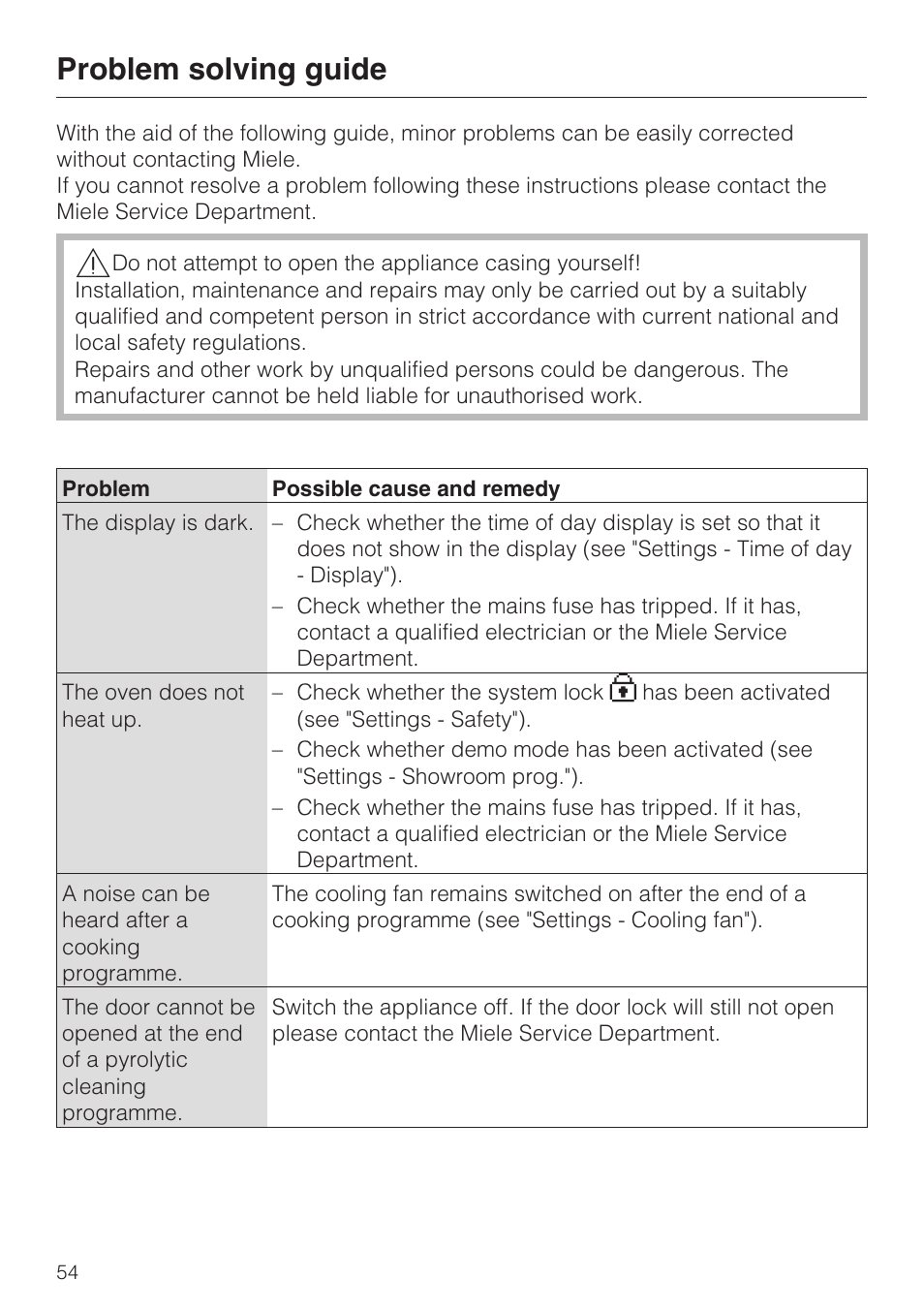 Problem solving guide 54, Problem solving guide | Miele H 5460-BP User Manual | Page 54 / 64