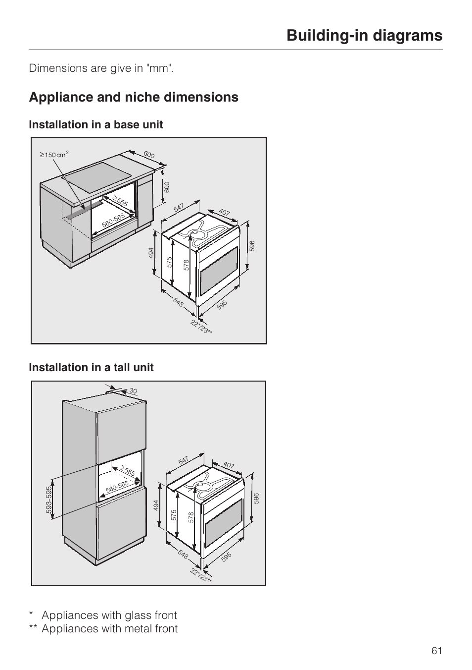 Building-in diagrams 61, Appliance and niche dimensions 61, Building-in diagrams | Miele H 5460-BP User Manual | Page 61 / 64