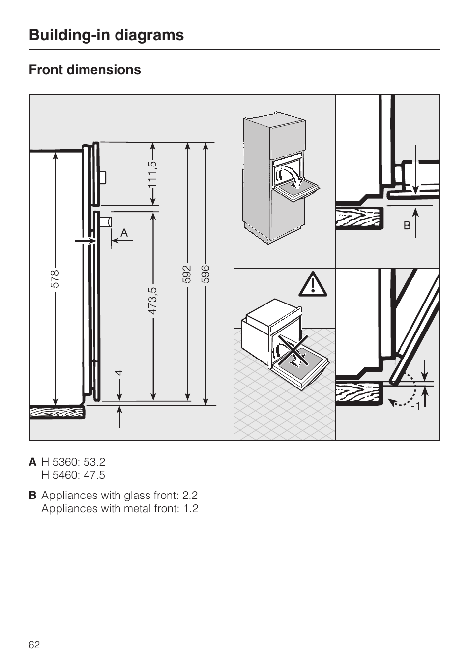 Front dimensions 62, Building-in diagrams | Miele H 5460-BP User Manual | Page 62 / 64