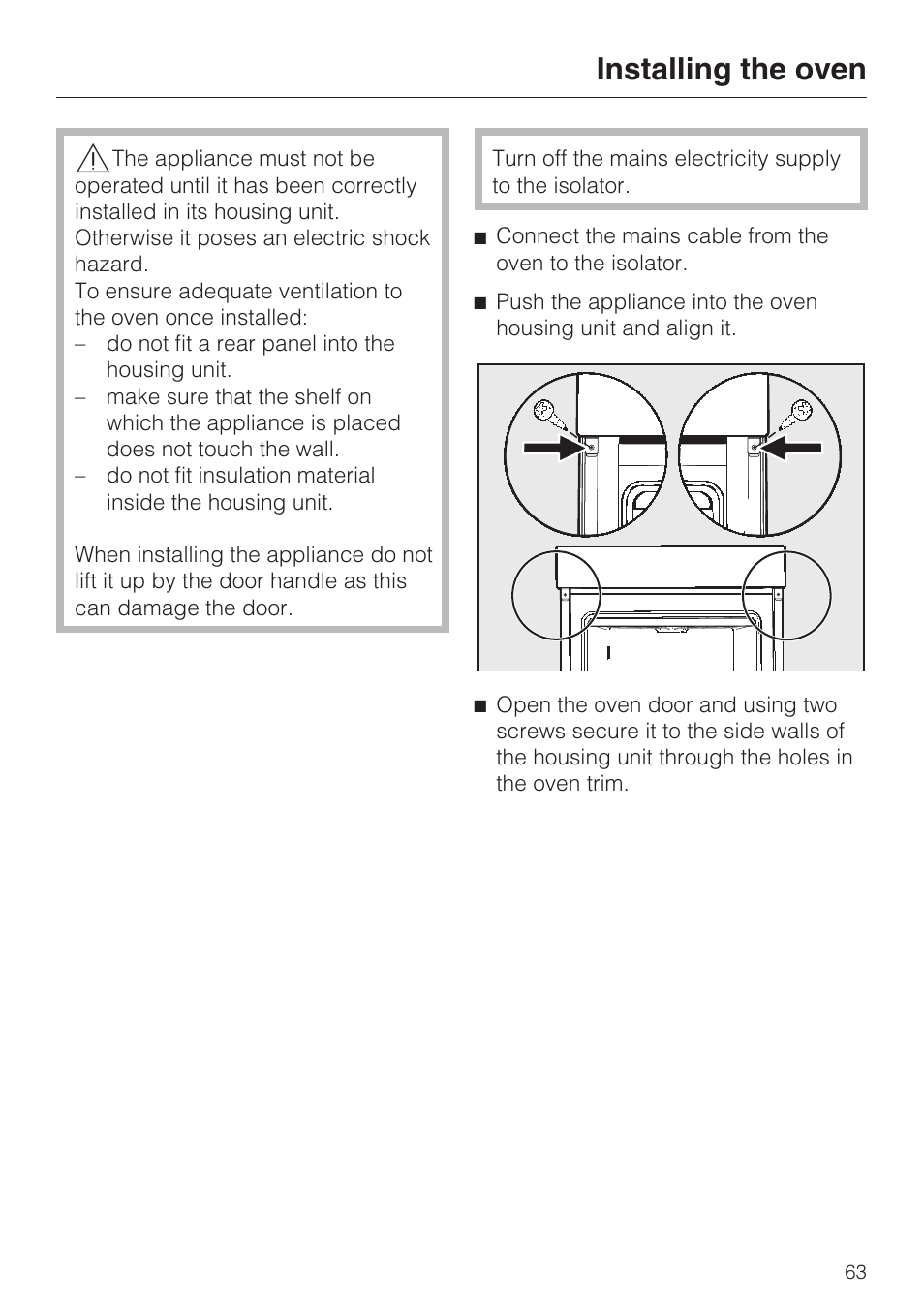 Installing the oven 63, Installing the oven | Miele H 5460-BP User Manual | Page 63 / 64