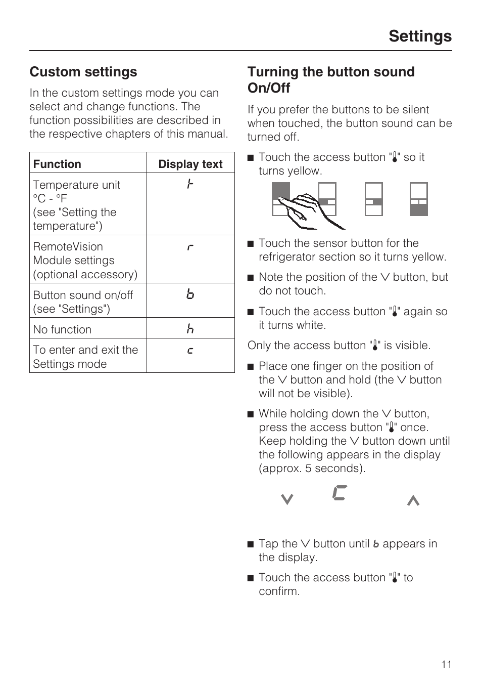 Turning the button sound on/off 11, Settings, Custom settings | Cturning the button sound on/off | Miele KF1911VI User Manual | Page 11 / 84