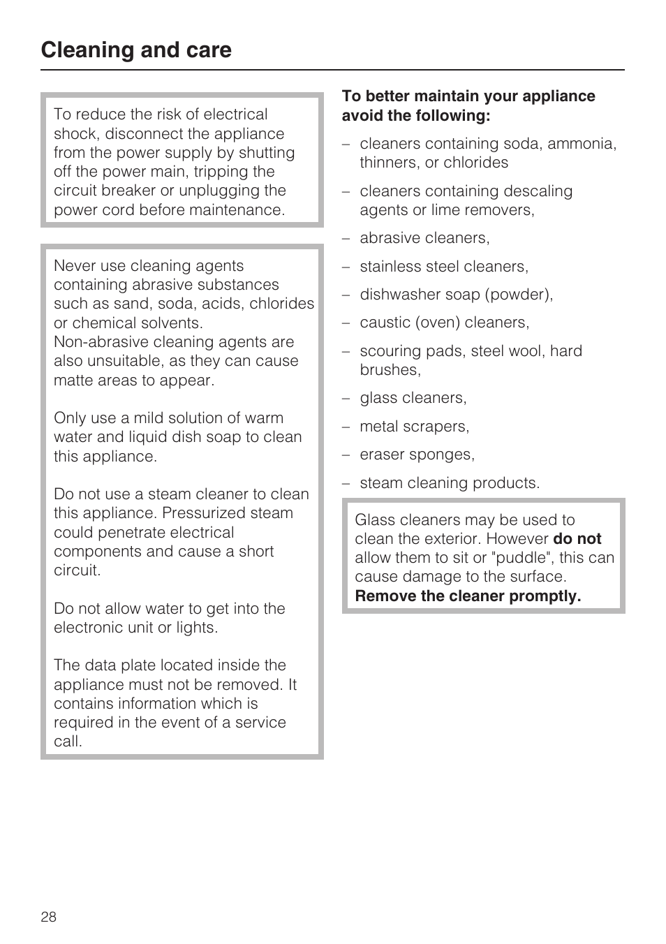 Cleaning and care 28, Cleaning and care | Miele KF1911VI User Manual | Page 28 / 84