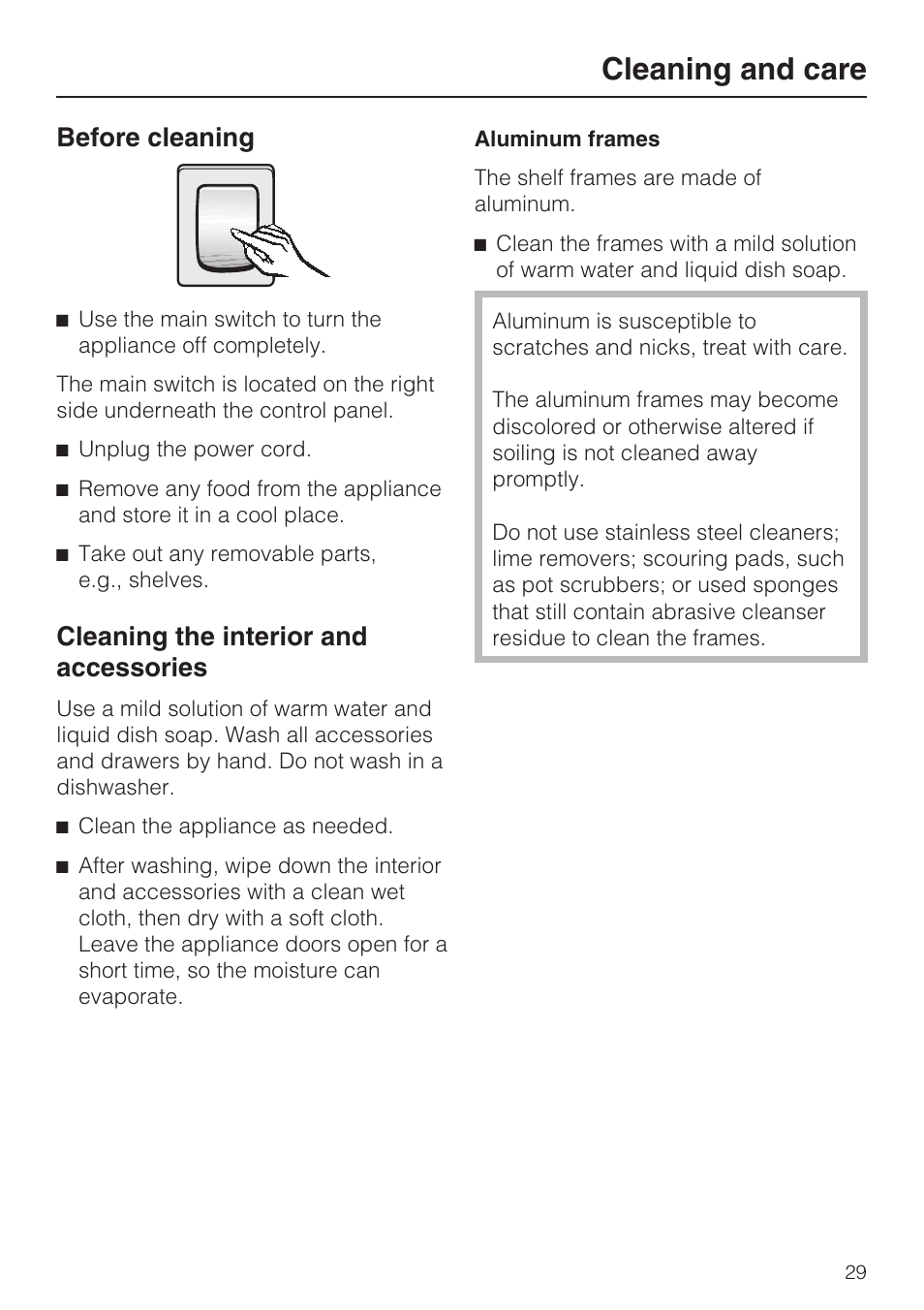 Cleaning the interior and accessories 29, Cleaning and care, Before cleaning | Cleaning the interior and accessories | Miele KF1911VI User Manual | Page 29 / 84