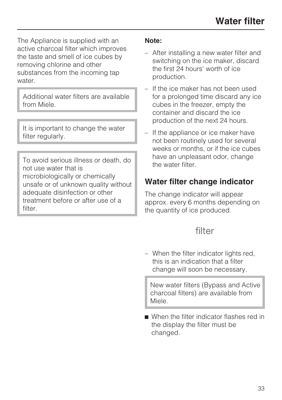 Water filter 33, Water filter change indicator 33, Water filter | Water filter change indicator | Miele KF1911VI User Manual | Page 33 / 84