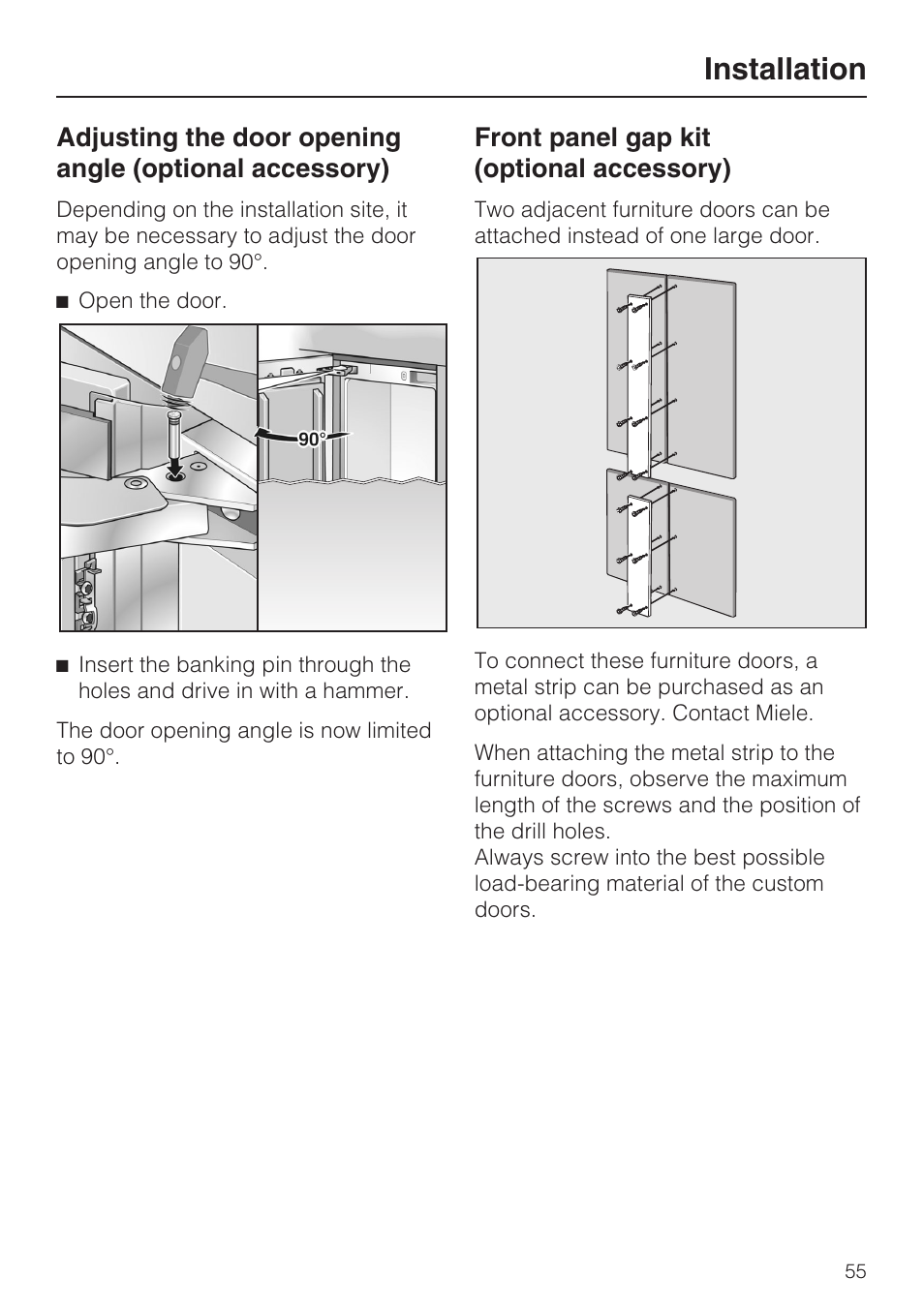 Installation, Front panel gap kit (optional accessory) | Miele KF1911VI User Manual | Page 55 / 84