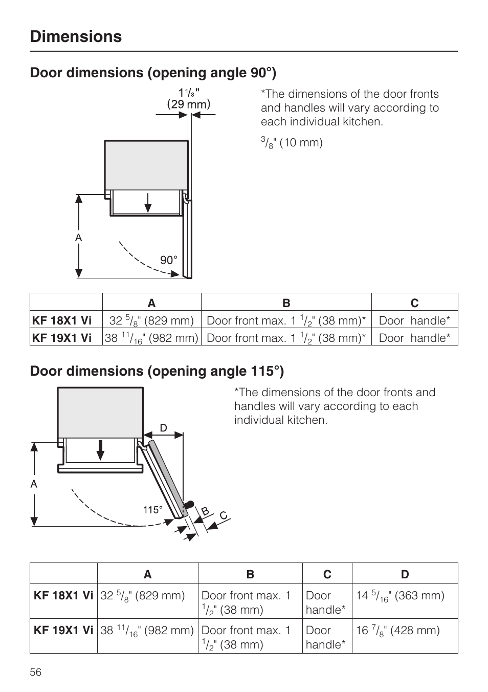 Dimensions 56, Dimensions, Door dimensions (opening angle 90°) | Door dimensions (opening angle 115°) | Miele KF1911VI User Manual | Page 56 / 84