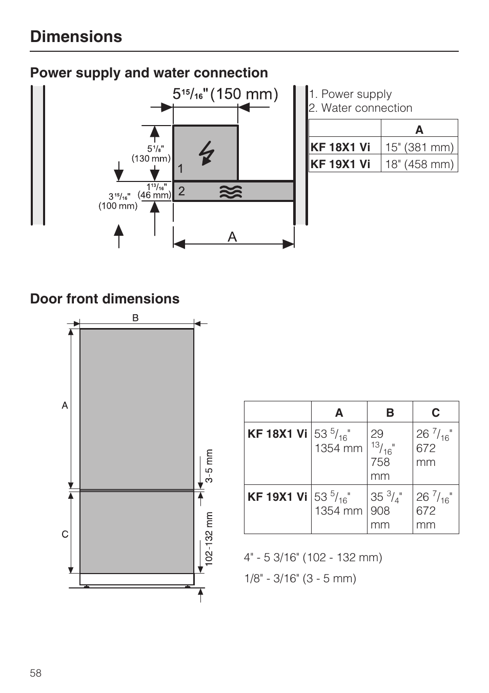 Dimensions, Power supply and water connection, Door front dimensions | Miele KF1911VI User Manual | Page 58 / 84