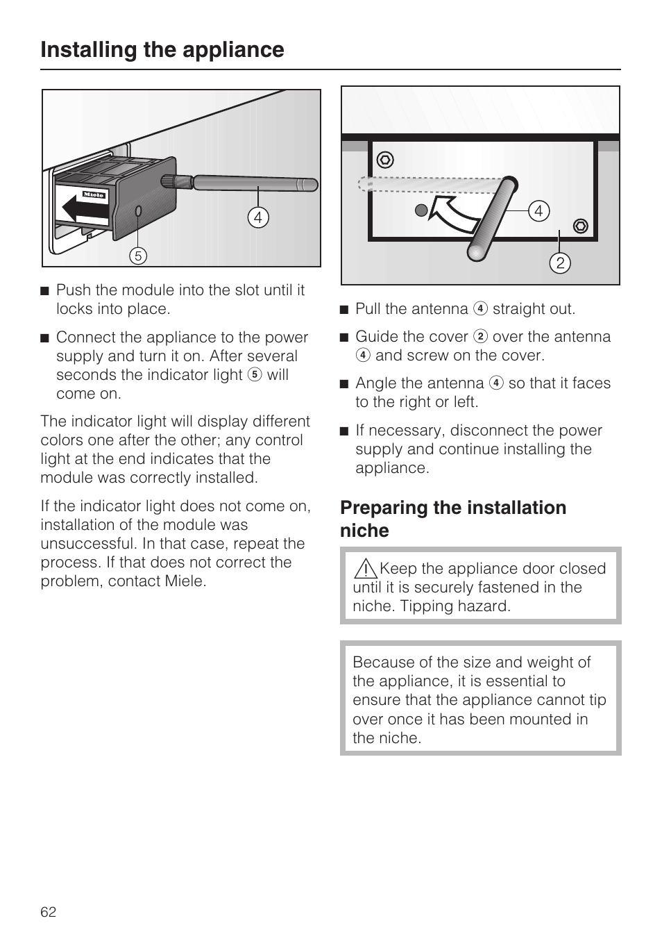 Preparing the installation niche 62, Installing the appliance, Preparing the installation niche | Miele KF1911VI User Manual | Page 62 / 84