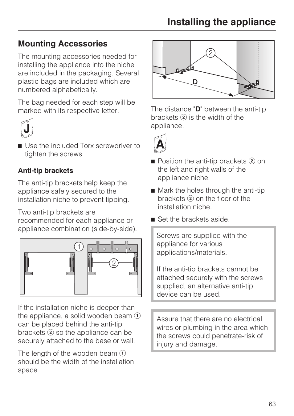 Installing the appliance, Mounting accessories | Miele KF1911VI User Manual | Page 63 / 84