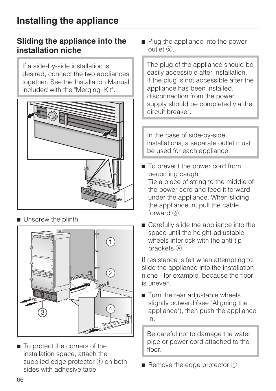 Installing the appliance, Sliding the appliance into the installation niche | Miele KF1911VI User Manual | Page 66 / 84