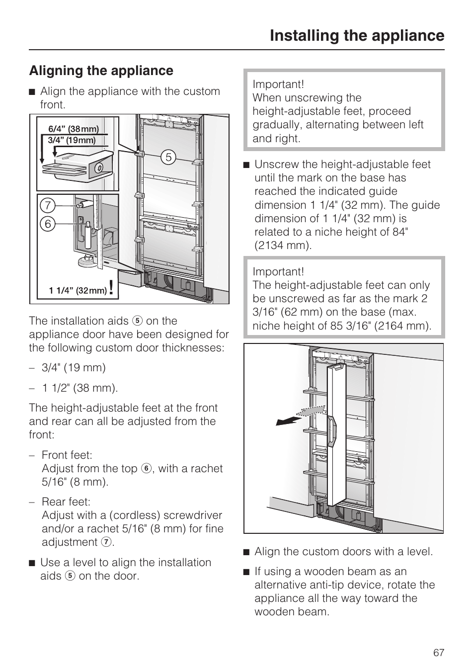 Aligning the appliance 67, Installing the appliance, Aligning the appliance | Miele KF1911VI User Manual | Page 67 / 84