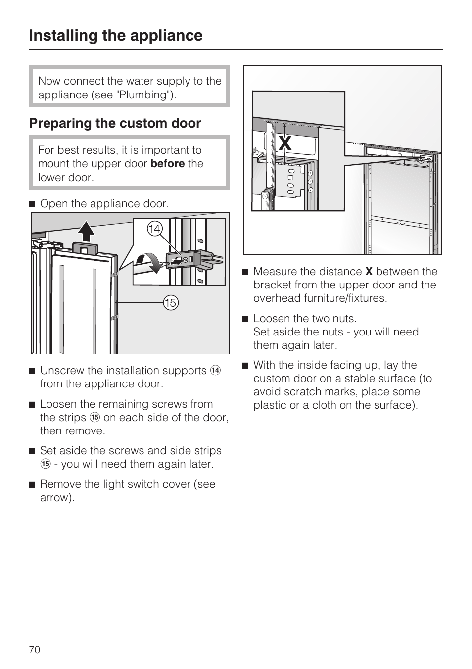 Preparing the custom door 70, Installing the appliance, Preparing the custom door | Miele KF1911VI User Manual | Page 70 / 84