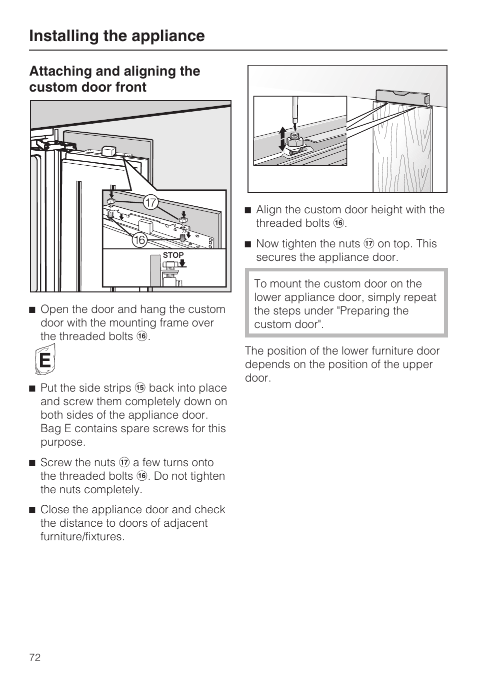 Attaching and aligning the custom door front 72, Installing the appliance, Attaching and aligning the custom door front | Miele KF1911VI User Manual | Page 72 / 84