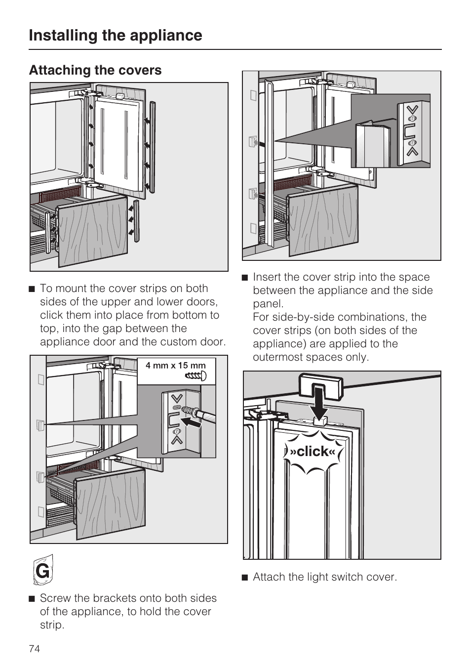 Installing the appliance, Attaching the covers | Miele KF1911VI User Manual | Page 74 / 84