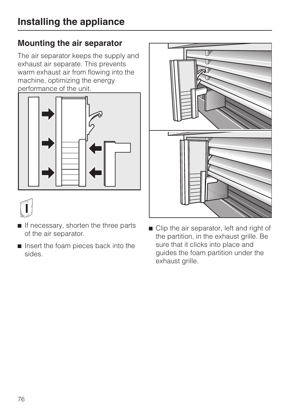 Installing the appliance, Mounting the air separator | Miele KF1911VI User Manual | Page 76 / 84