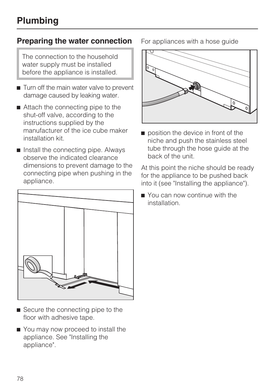 Plumbing, Preparing the water connection | Miele KF1911VI User Manual | Page 78 / 84