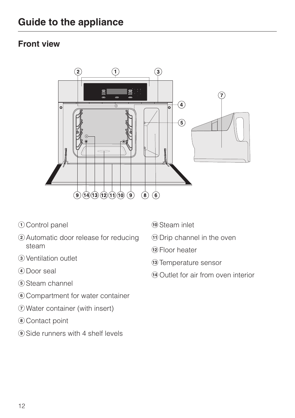 Guide to the appliance 12, Front view 12, Guide to the appliance | Front view | Miele DG4080 User Manual | Page 12 / 60