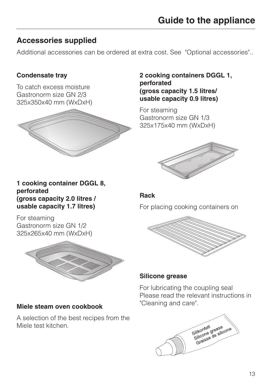 Accessories supplied 13, Guide to the appliance, Accessories supplied | Miele DG4080 User Manual | Page 13 / 60