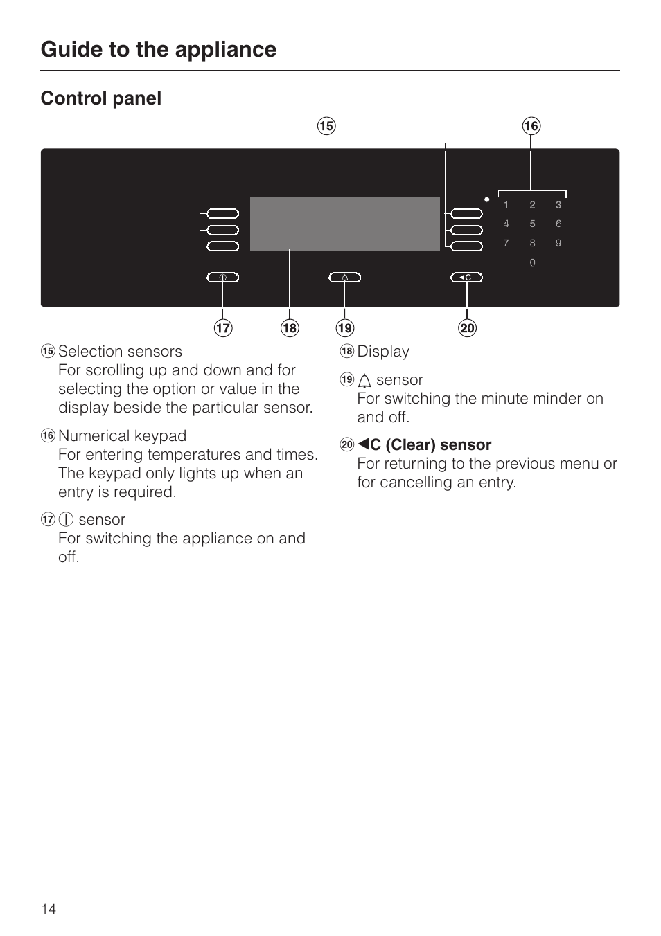 Control panel 14, Guide to the appliance, Control panel | Miele DG4080 User Manual | Page 14 / 60