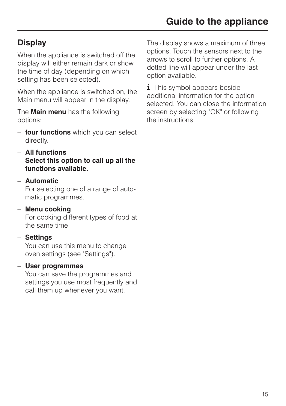 Display 15, Guide to the appliance, Display | Miele DG4080 User Manual | Page 15 / 60