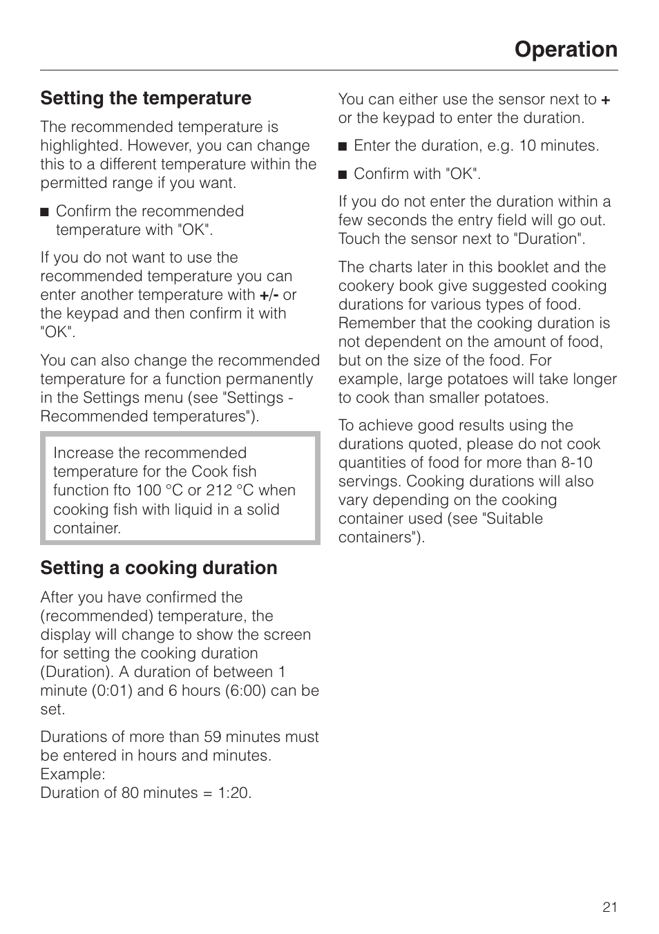 Setting the temperature 21, Setting a cooking duration 21, Operation | Setting the temperature, Setting a cooking duration | Miele DG4080 User Manual | Page 21 / 60