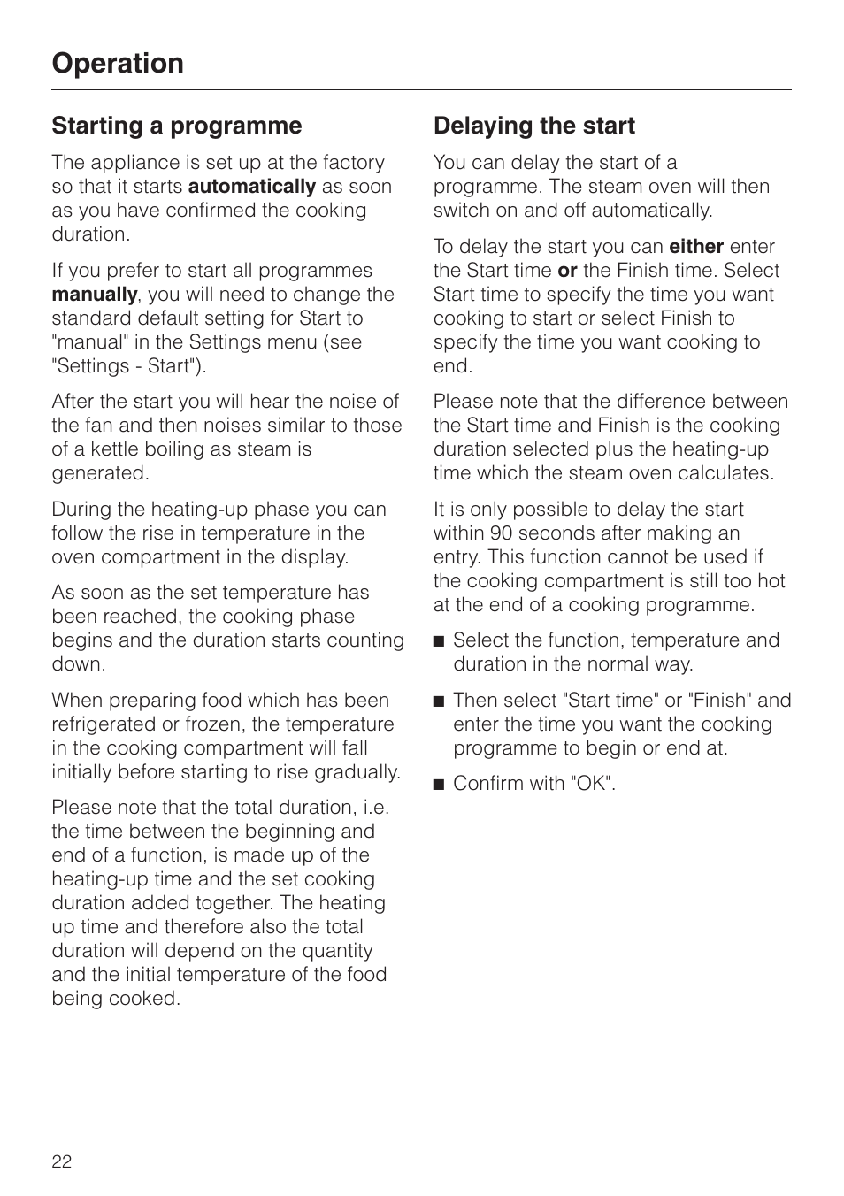 Starting a programme 22, Delaying the start 22, Operation | Starting a programme, Delaying the start | Miele DG4080 User Manual | Page 22 / 60