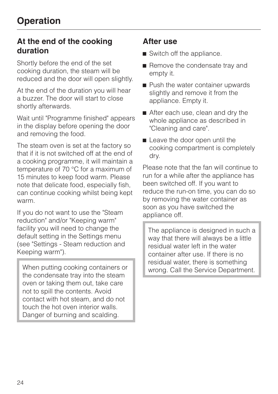 At the end of the cooking duration 24, After use 24, Operation | At the end of the cooking duration, After use | Miele DG4080 User Manual | Page 24 / 60