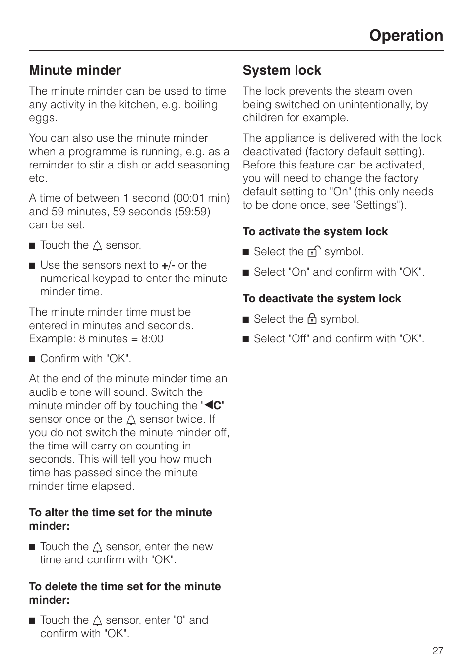 Minute minder 27, System lock 27, Operation | Minute minder, System lock | Miele DG4080 User Manual | Page 27 / 60