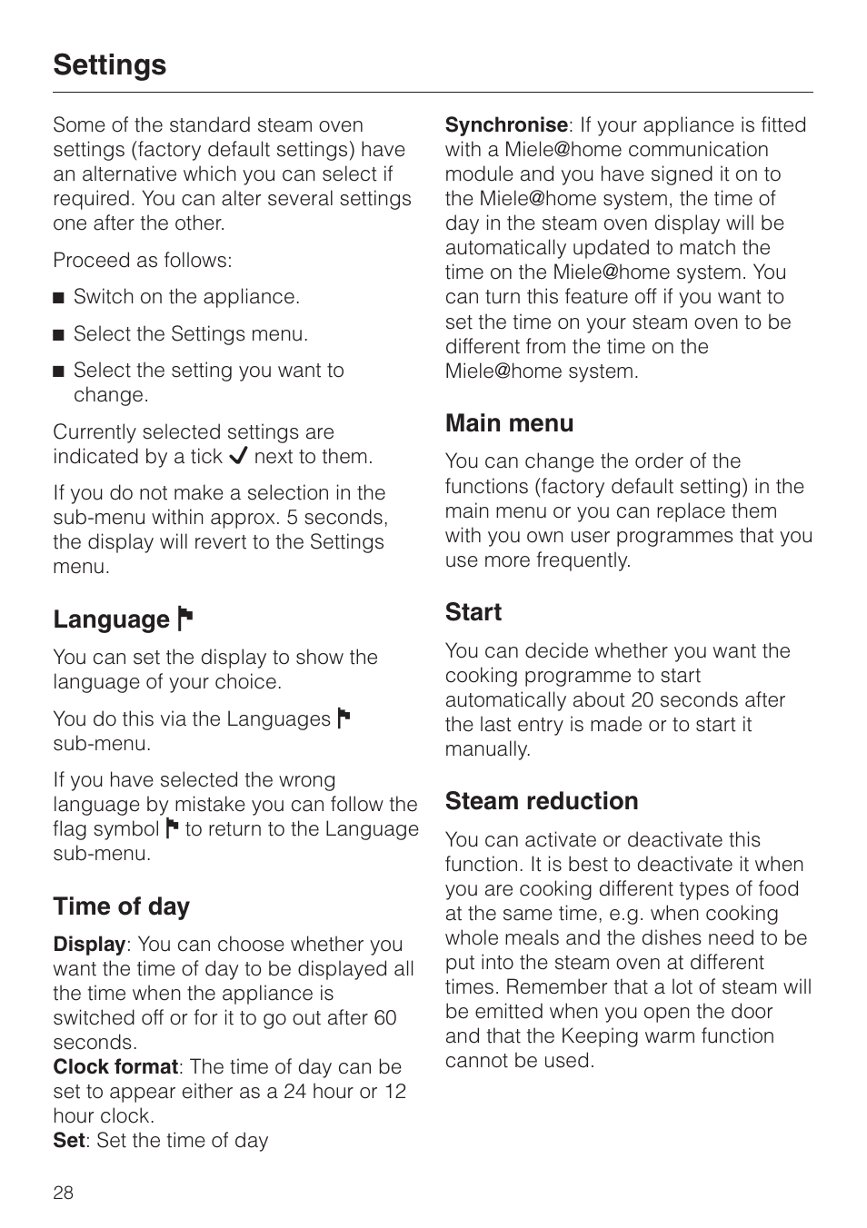 Settings 28, Language j 28, Time of day 28 | Main menu 28, Start 28, Steam reduction 28, Settings, Language j, Time of day, Main menu | Miele DG4080 User Manual | Page 28 / 60
