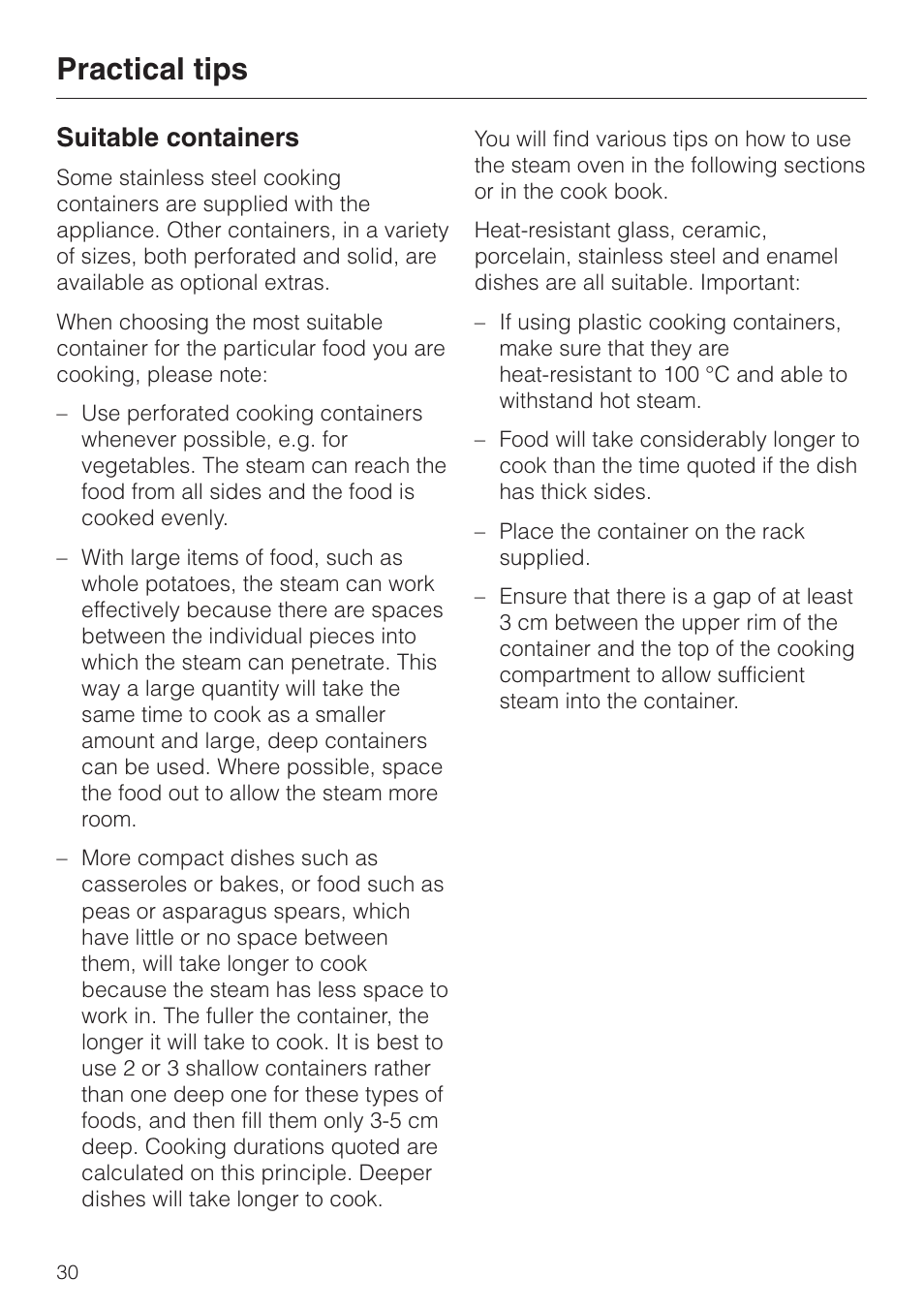 Practical tips 30, Suitable containers 30, Practical tips | Suitable containers | Miele DG4080 User Manual | Page 30 / 60