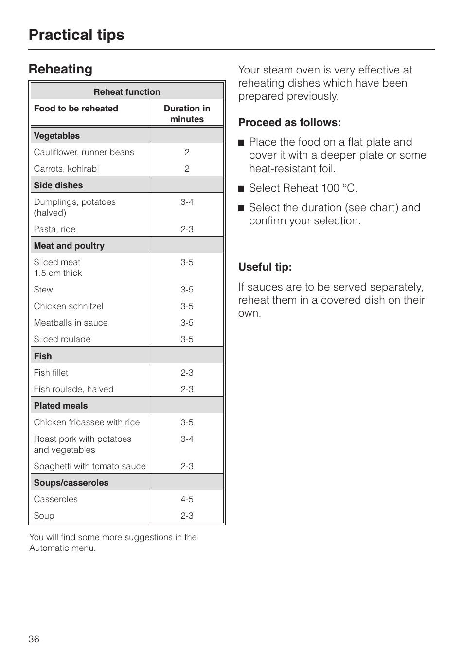 Reheating 36, Practical tips, Reheating | Miele DG4080 User Manual | Page 36 / 60