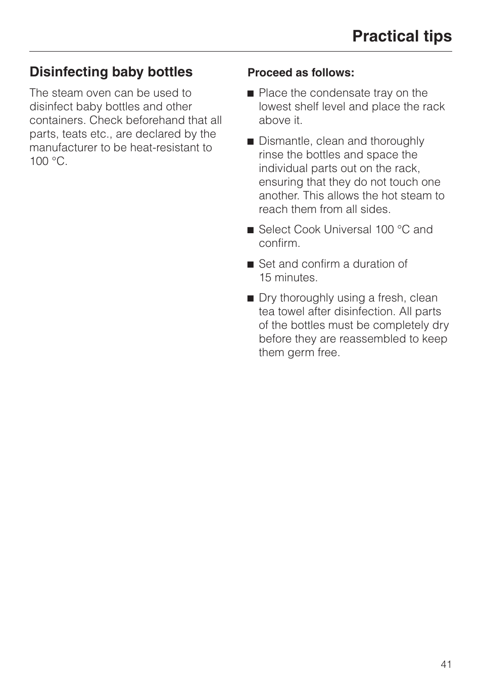 Disinfecting baby bottles 41, Practical tips, Disinfecting baby bottles | Miele DG4080 User Manual | Page 41 / 60