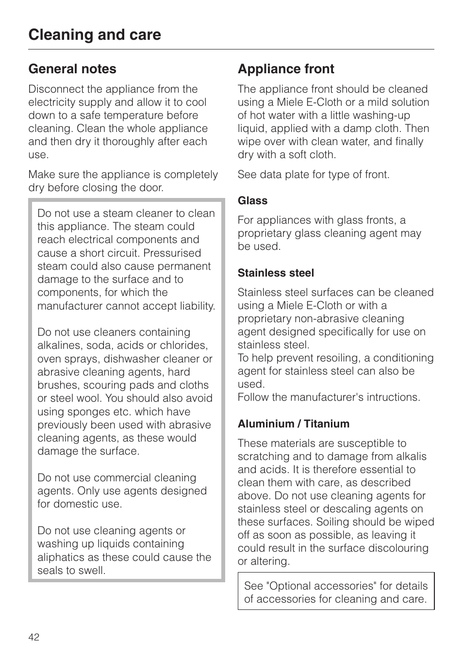 Cleaning and care 42, General notes 42, Appliance front 42 | Cleaning and care, Appliance front | Miele DG4080 User Manual | Page 42 / 60