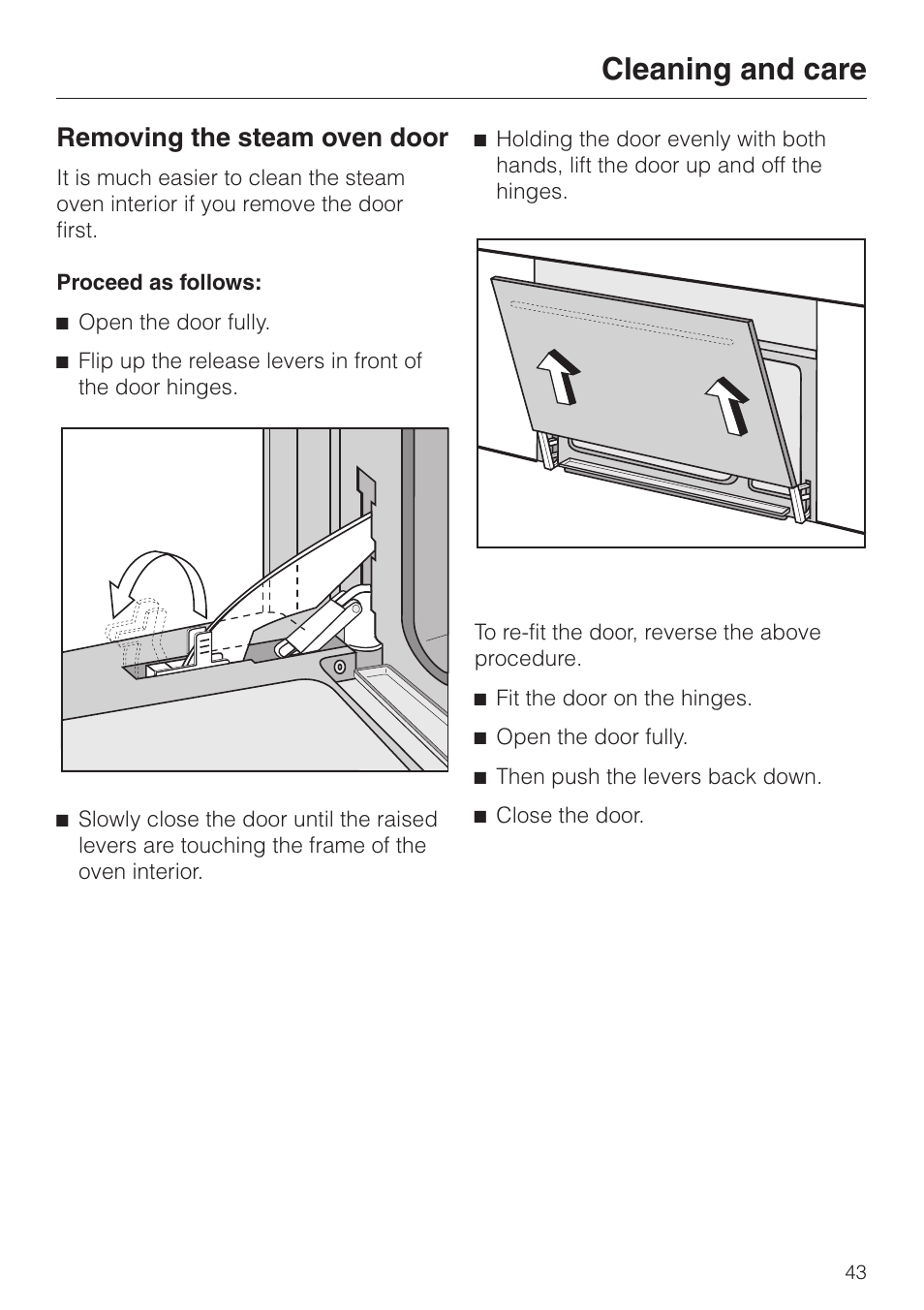 Removing the steam oven door 43, Cleaning and care, Removing the steam oven door | Miele DG4080 User Manual | Page 43 / 60