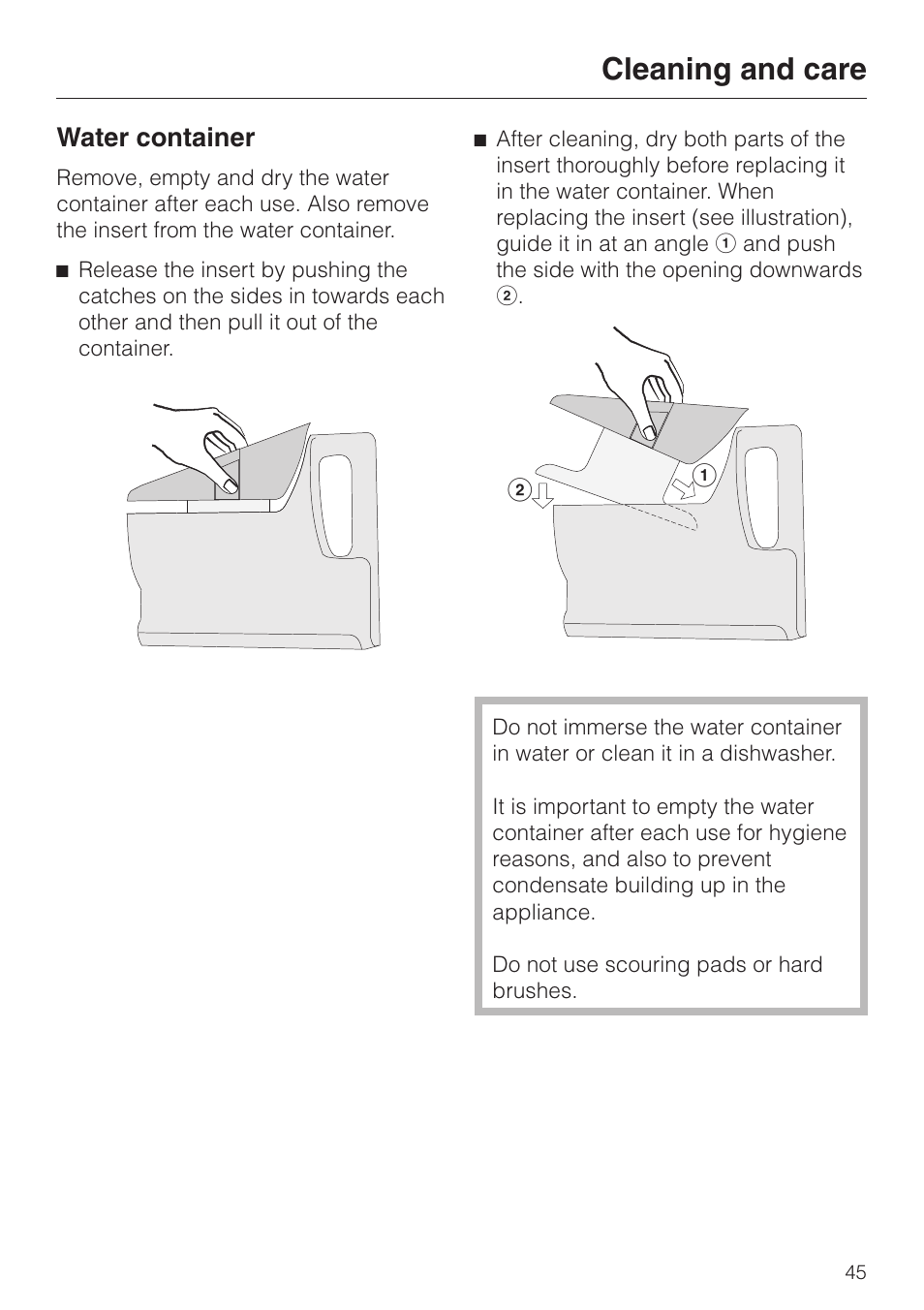 Water container 45, Cleaning and care, Water container | Miele DG4080 User Manual | Page 45 / 60