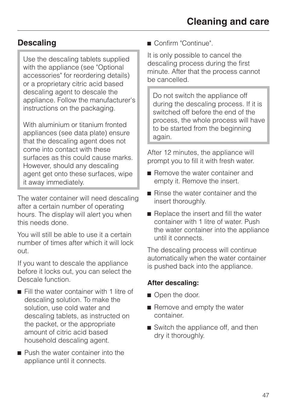 Descaling 47, Cleaning and care, Descaling | Miele DG4080 User Manual | Page 47 / 60