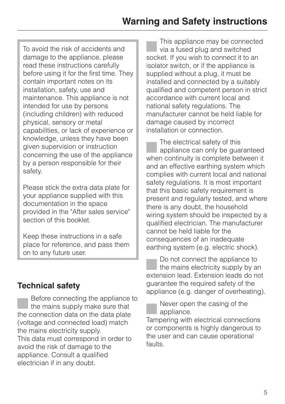 Warning and safety instructions 5, Warning and safety instructions, Technical safety | Miele DG4080 User Manual | Page 5 / 60