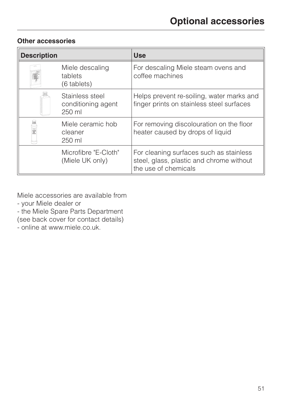 Optional accessories | Miele DG4080 User Manual | Page 51 / 60