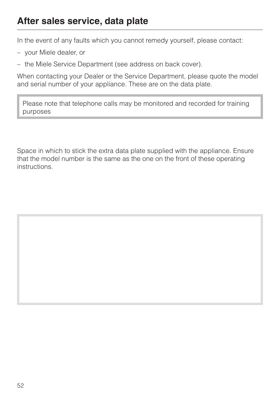After sales service, data plate 52, After sales service, data plate | Miele DG4080 User Manual | Page 52 / 60