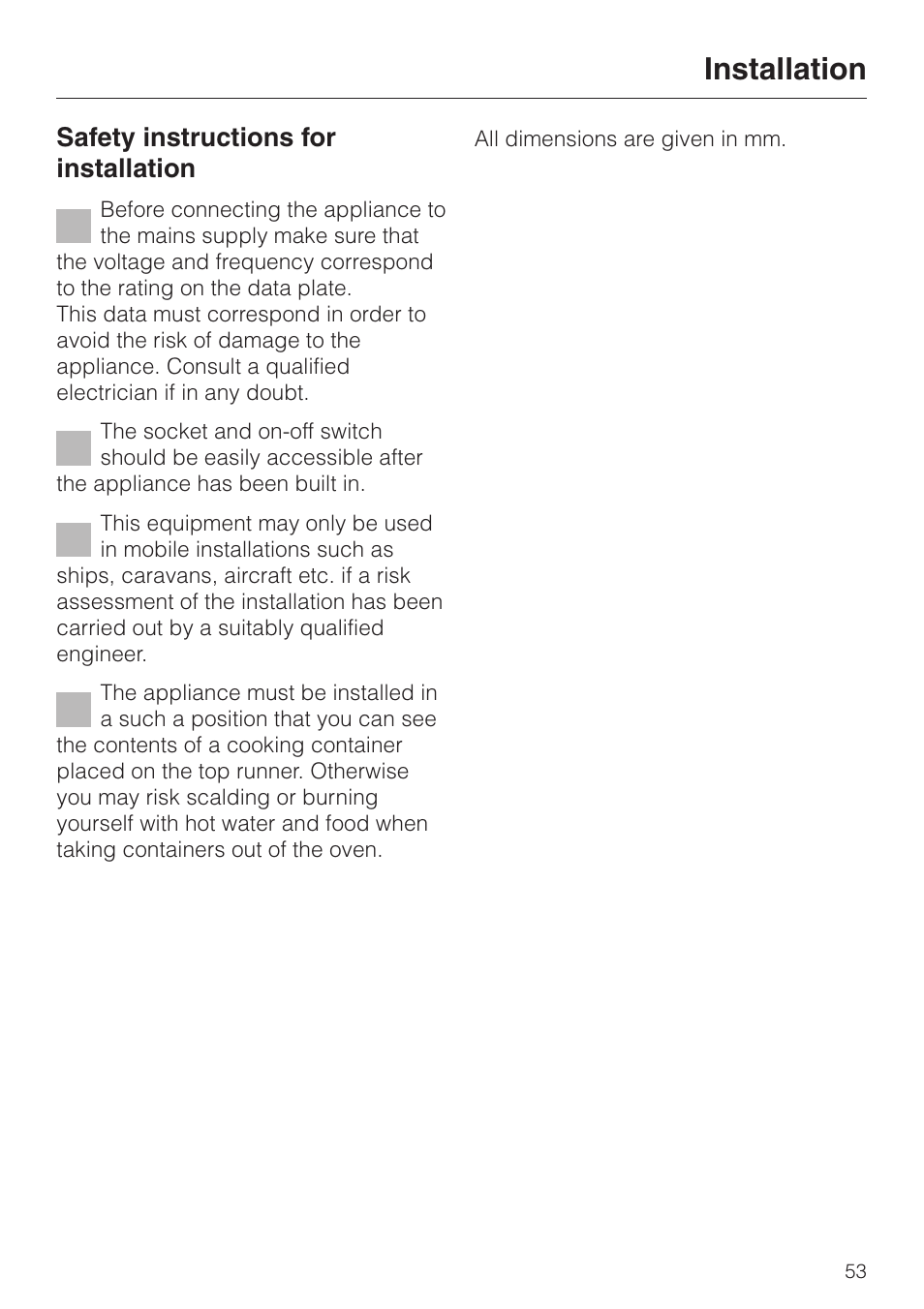 Installation 53, Safety instructions for installation 53, Installation | Safety instructions for installation | Miele DG4080 User Manual | Page 53 / 60