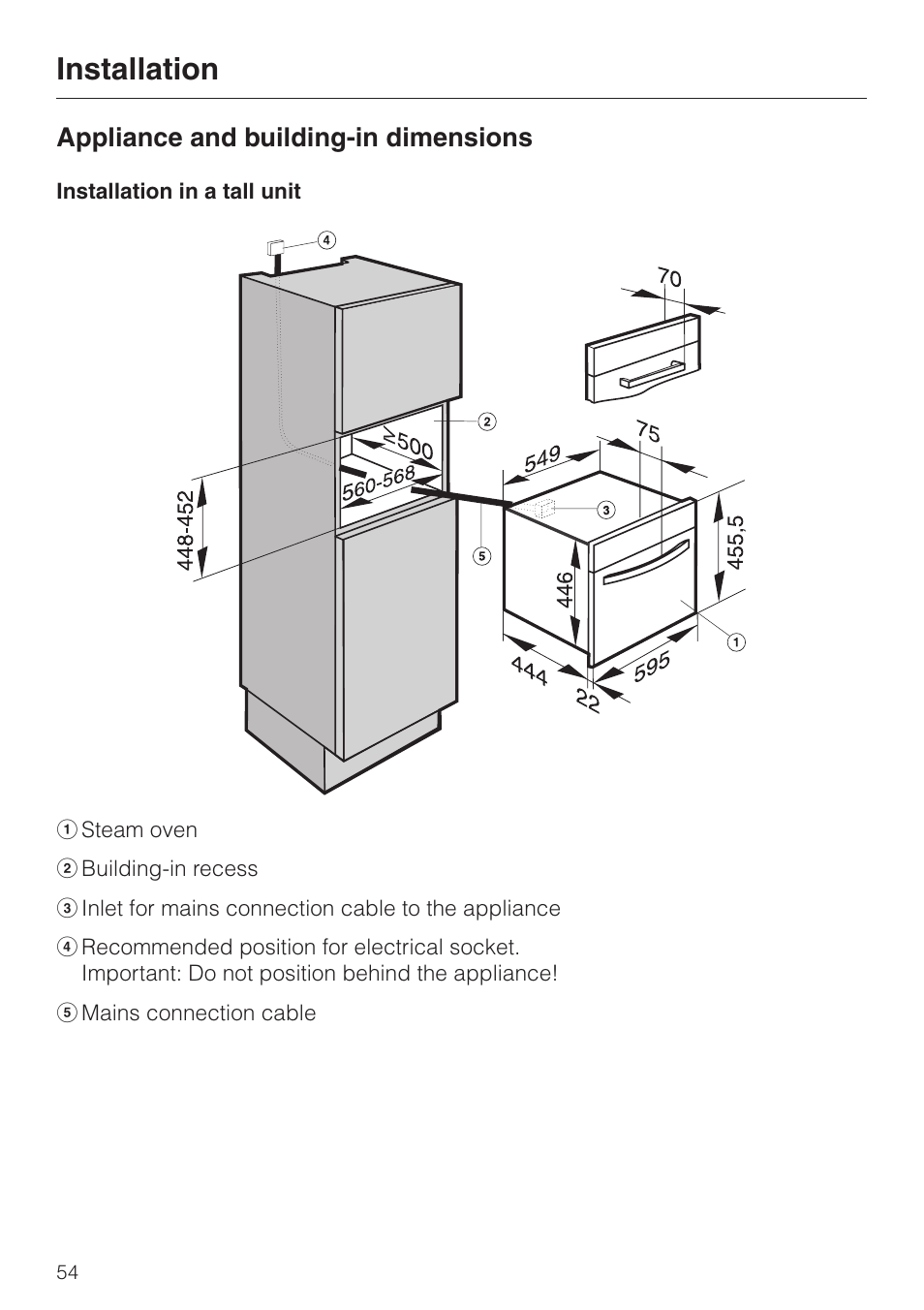 Appliance and building-in dimensions 54, Installation, Appliance and building-in dimensions | Miele DG4080 User Manual | Page 54 / 60