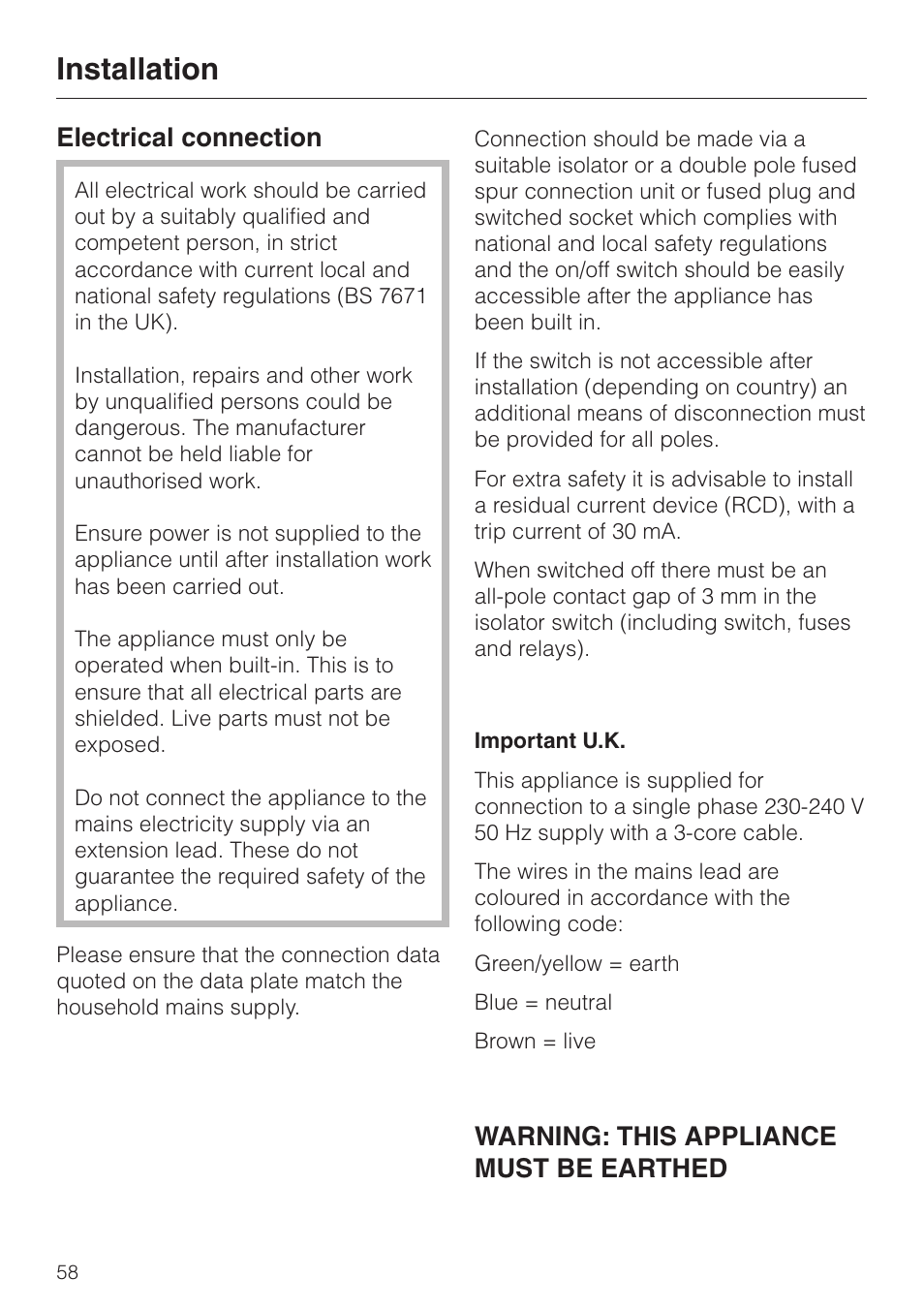 Electrical connection 58, Installation, Electrical connection | Warning: this appliance must be earthed | Miele DG4080 User Manual | Page 58 / 60