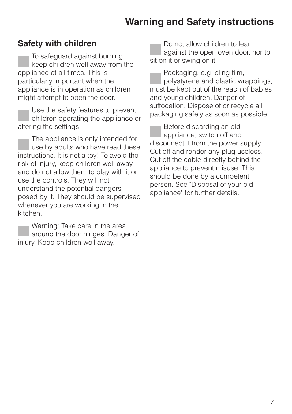 Warning and safety instructions, Safety with children | Miele DG4080 User Manual | Page 7 / 60