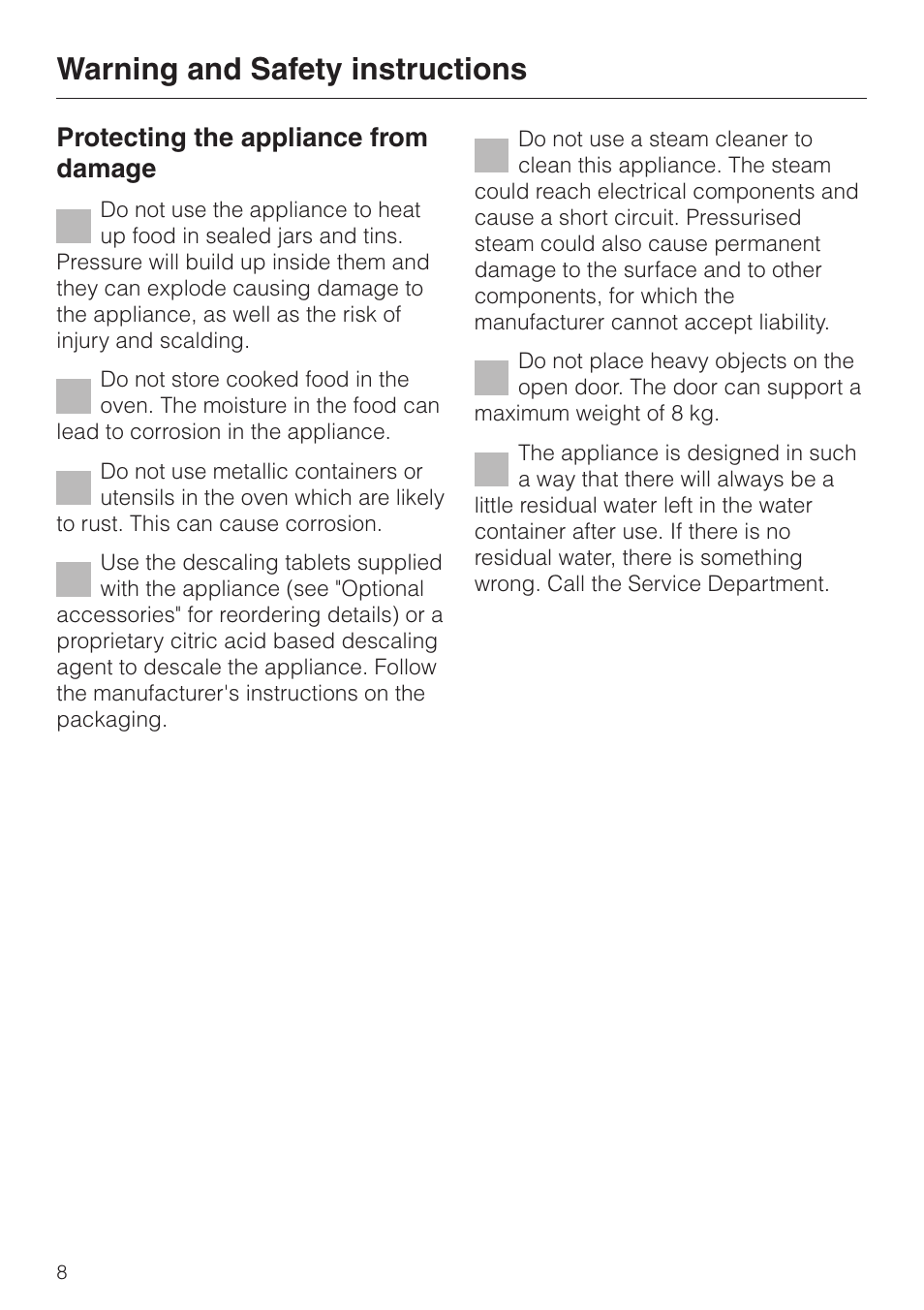 Warning and safety instructions, Protecting the appliance from damage | Miele DG4080 User Manual | Page 8 / 60