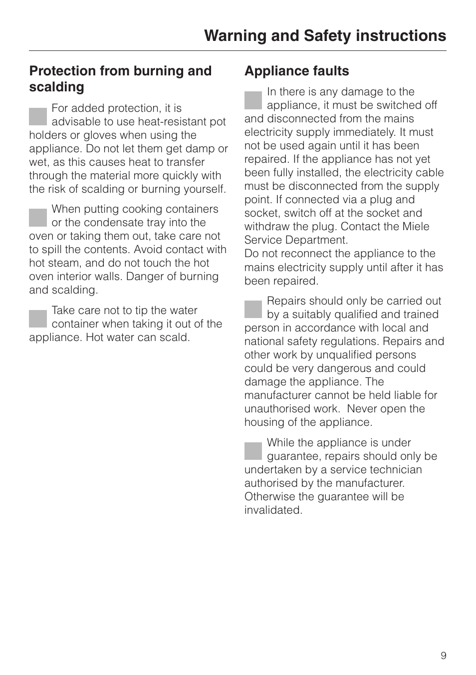 Warning and safety instructions, Protection from burning and scalding, Appliance faults | Miele DG4080 User Manual | Page 9 / 60