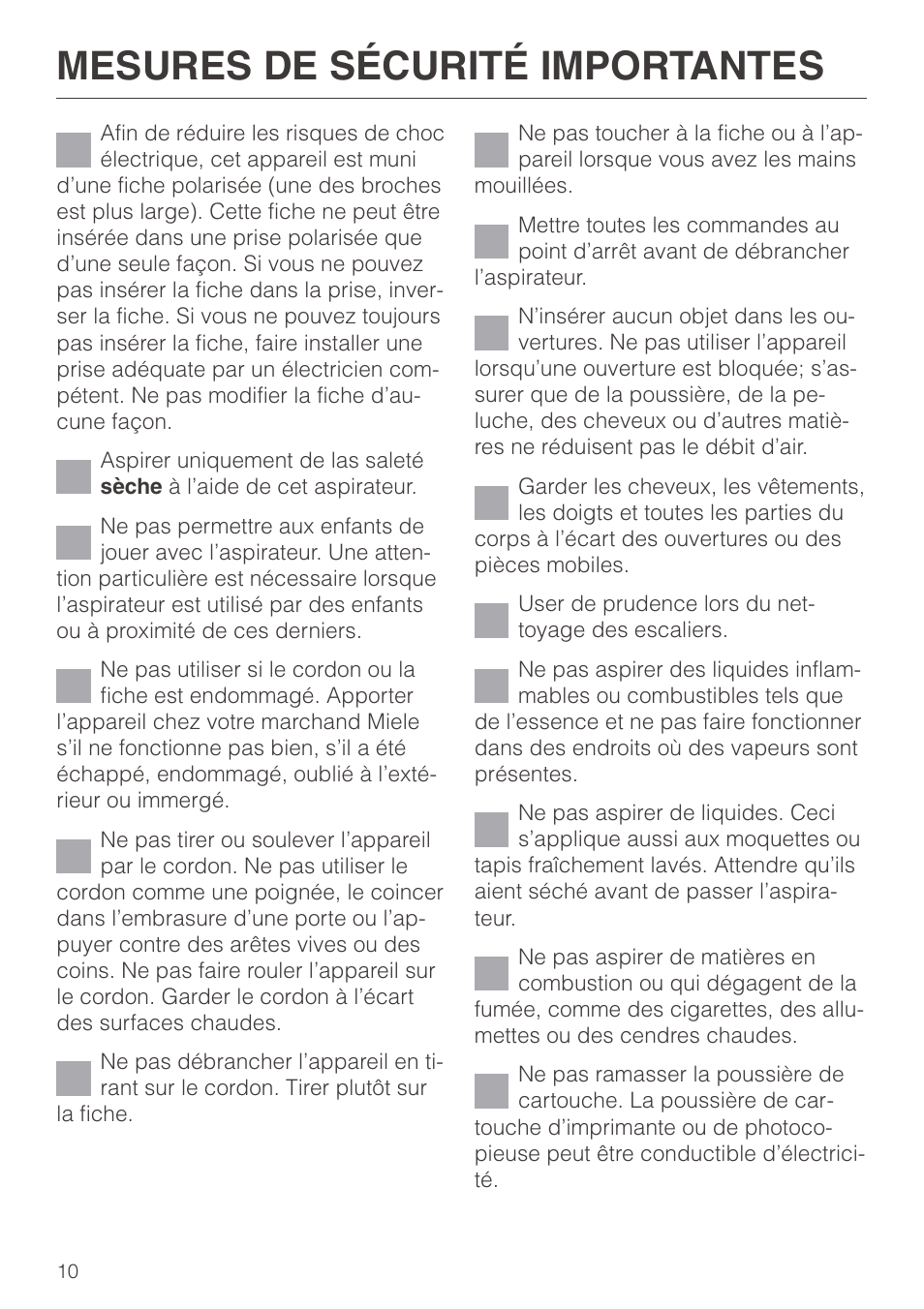 Mesures de sécurité importantes | Miele S140 User Manual | Page 10 / 40